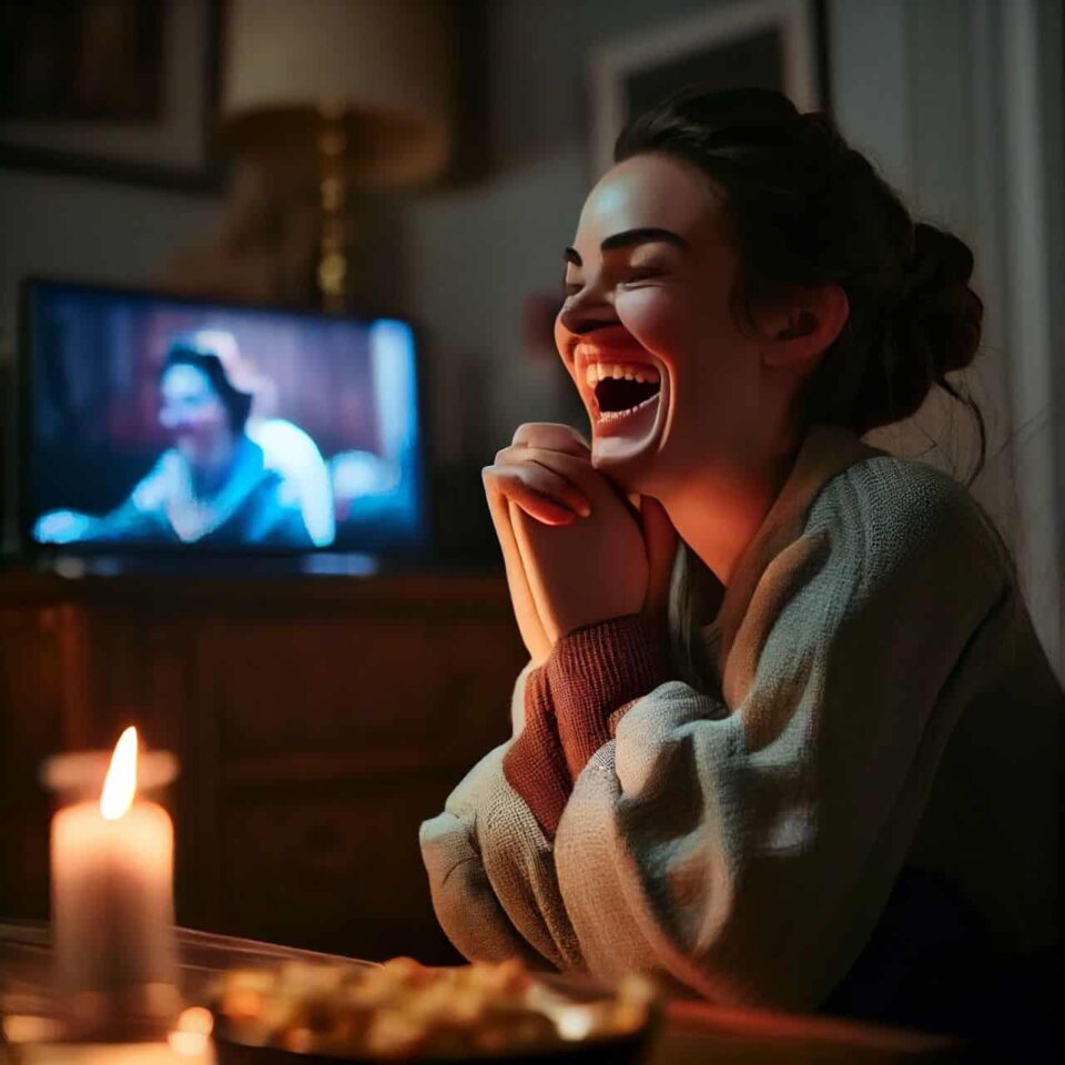 a christian woman praying at the tv