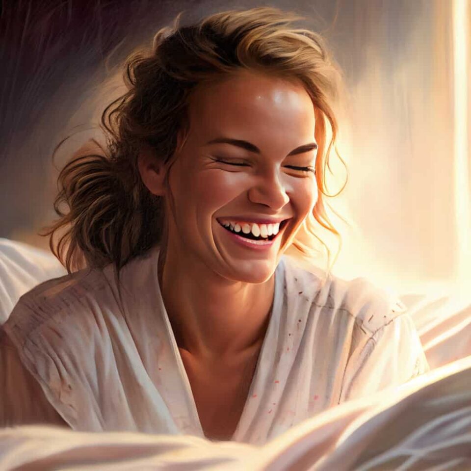 smiling christian woman praying in bed