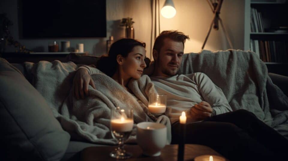 cute couple watching romantic movies on netflix