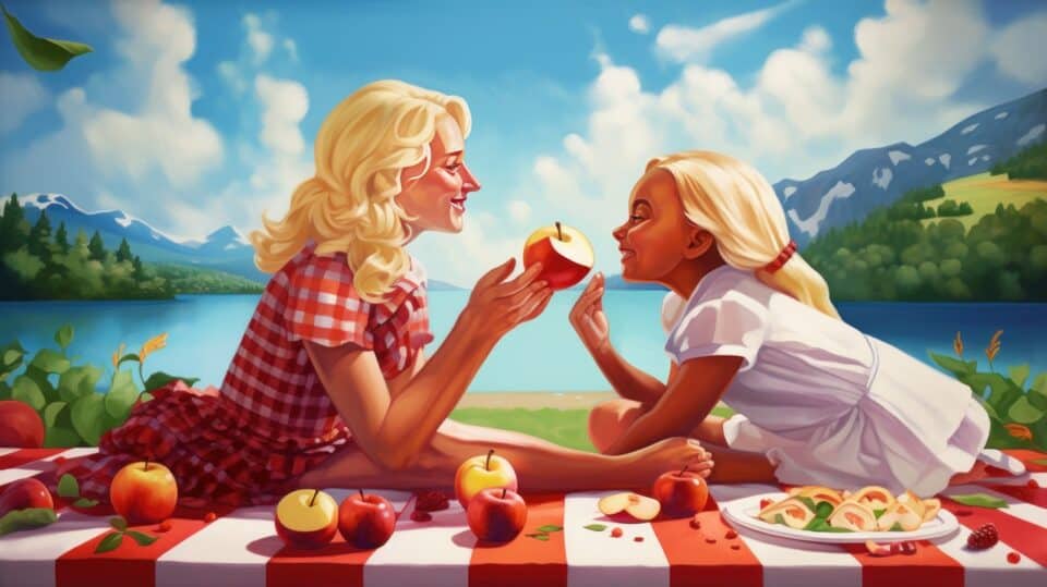 mother and daughter eating gala apples