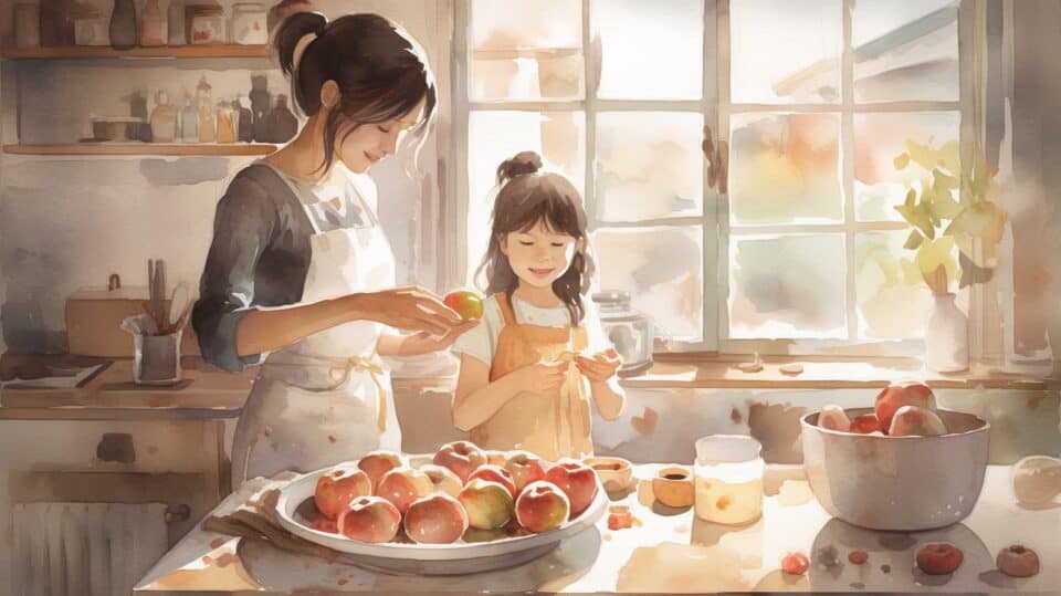 woman and child baking with fuji apples