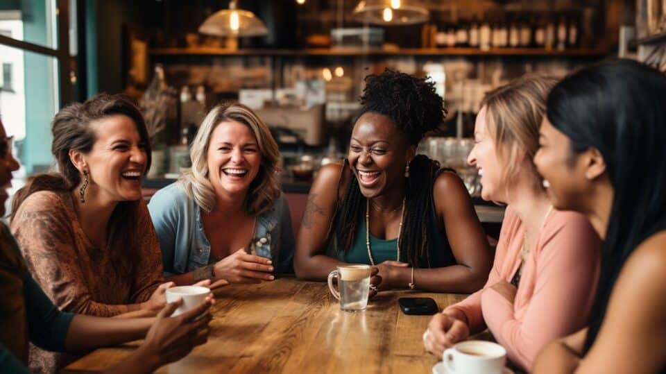 group of mommy bloggers laughing