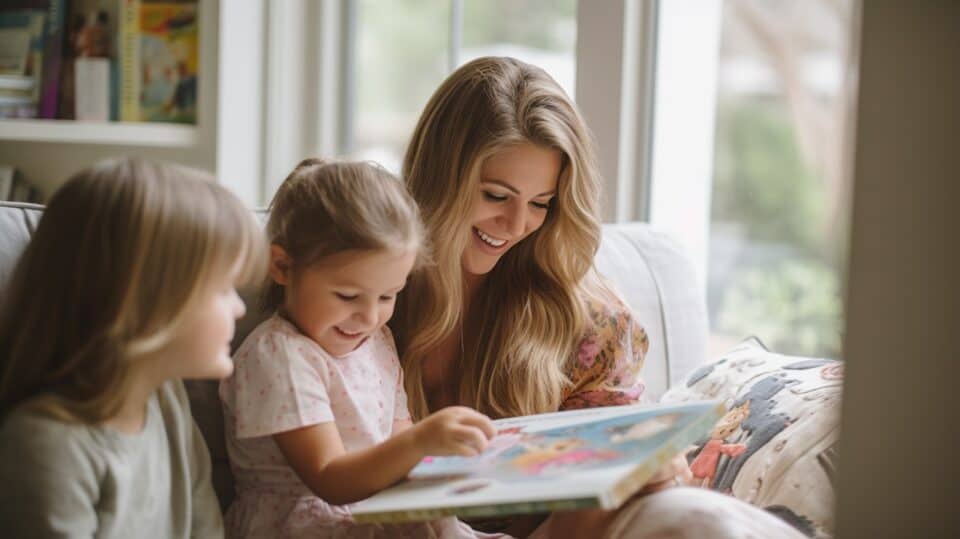 mom blogger reading to kids