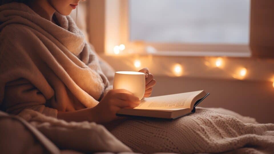 woman reading a paper book in bed