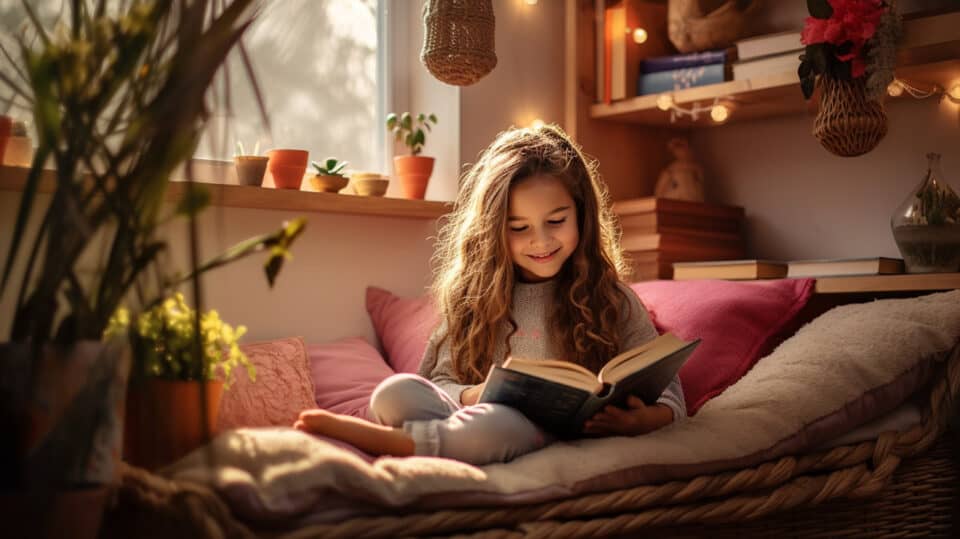 Child Cozily Reading Paperback Book