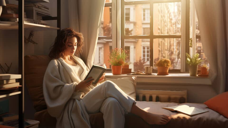 Woman In Apartment Reads Her Traditional Books