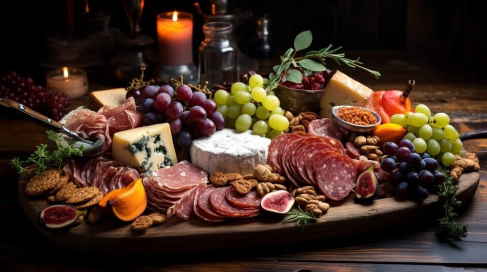 Food photography of a beautifully arranged charcuterie board with a variety of cheeses