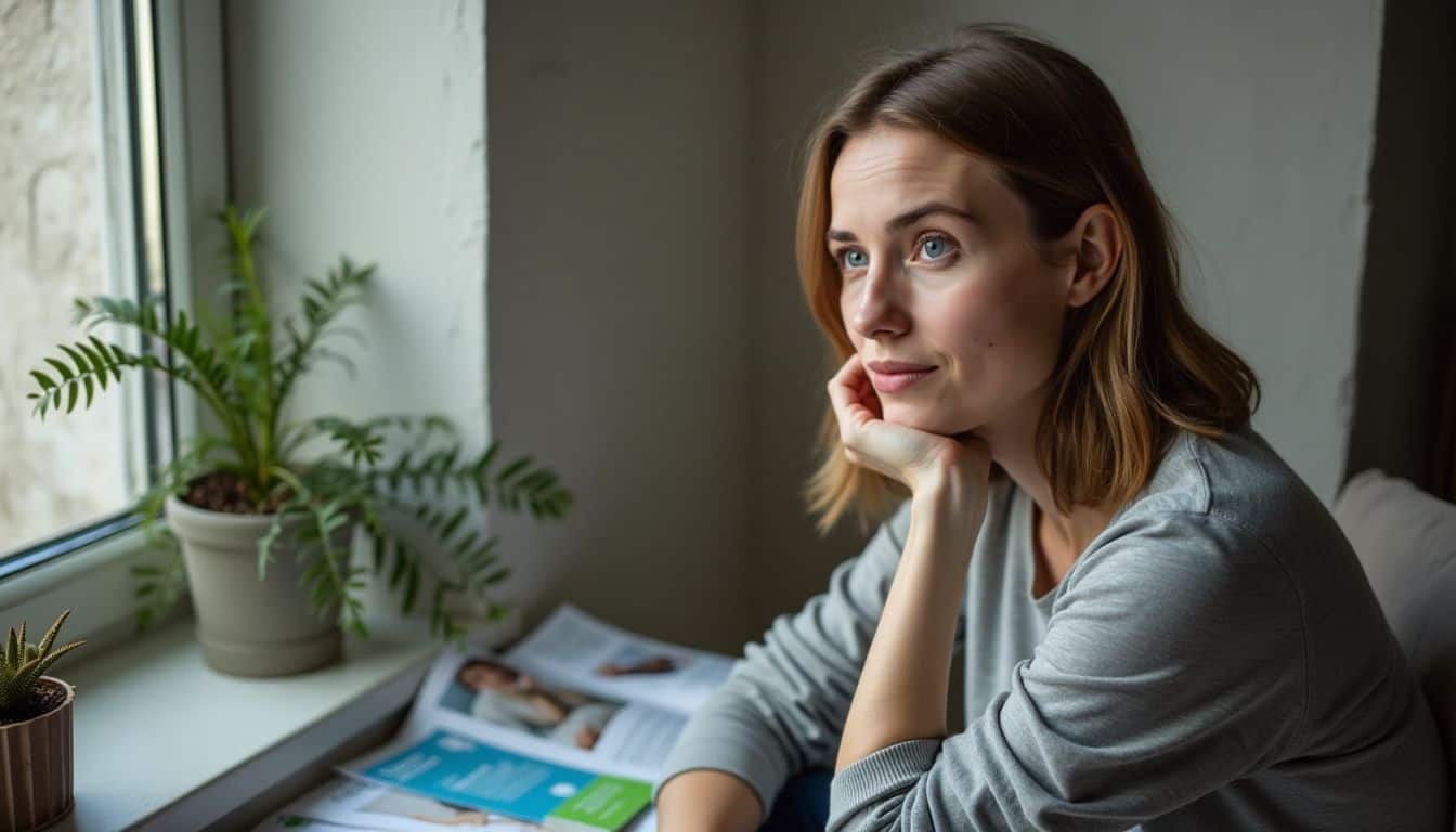 A woman sits surrounded by mental health support materials, looking thoughtful.