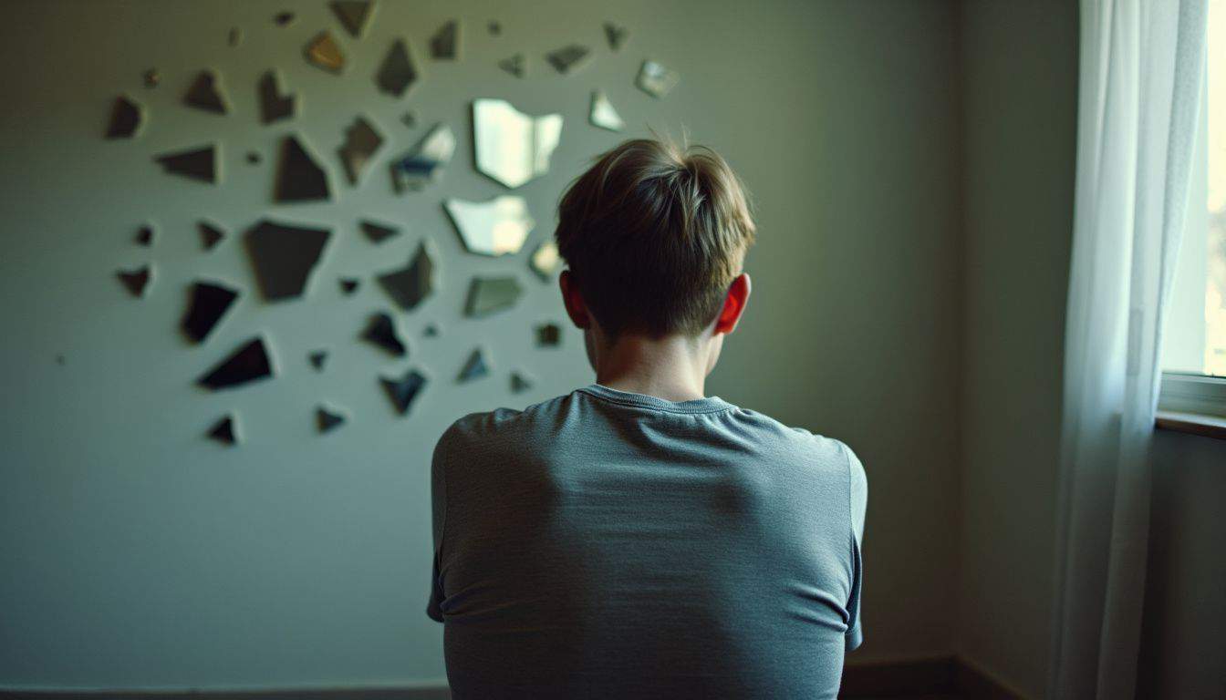 A person sits alone in a dim room, facing a broken mirror.