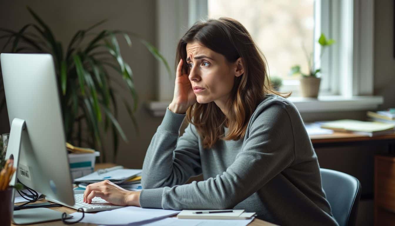 A woman sits at a cluttered desk, looking puzzled at her computer.