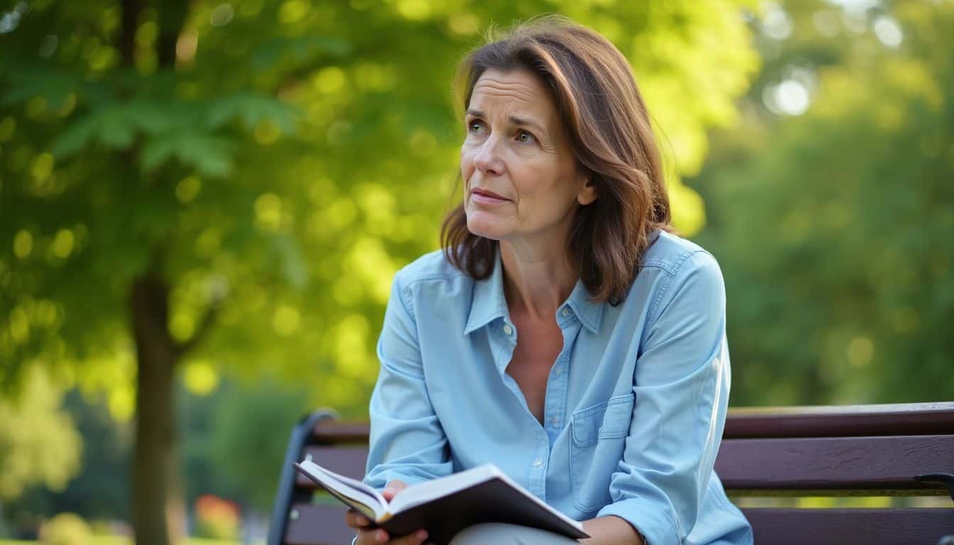 A woman sitting on a park bench, reflecting on mental health.