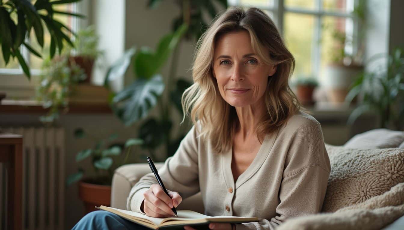 A woman in her late 30s writing in her journal in a cozy living room filled with plants and soft blankets.