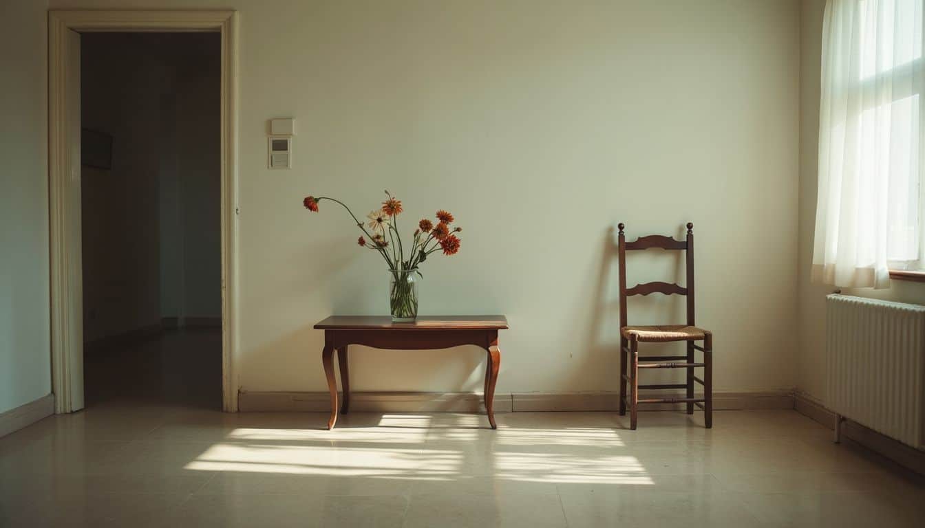 An empty room with wilted flowers evokes sadness and neglect.