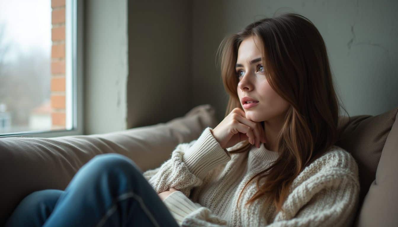 A young woman sits alone on a couch, lost in thought.