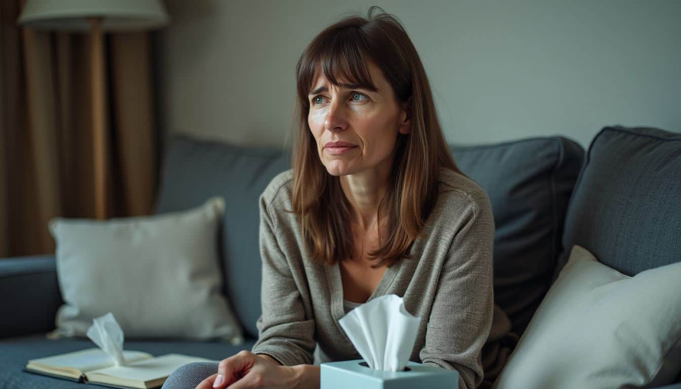 A woman in her mid-30s sitting on a couch with tear streaks on her cheeks, surrounded by tissue boxes and an open journal.