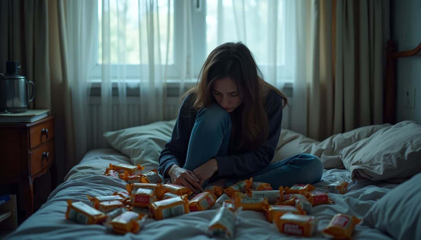 A person sitting on their bed in a cluttered, untidy room.