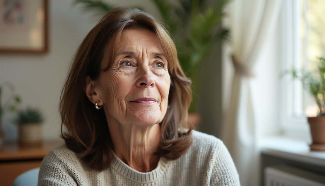 A middle-aged woman participates in a therapy session in a comforting office.