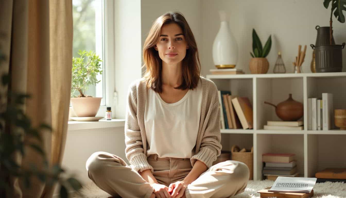 A woman sits in a cozy room practicing mindfulness and self-care.