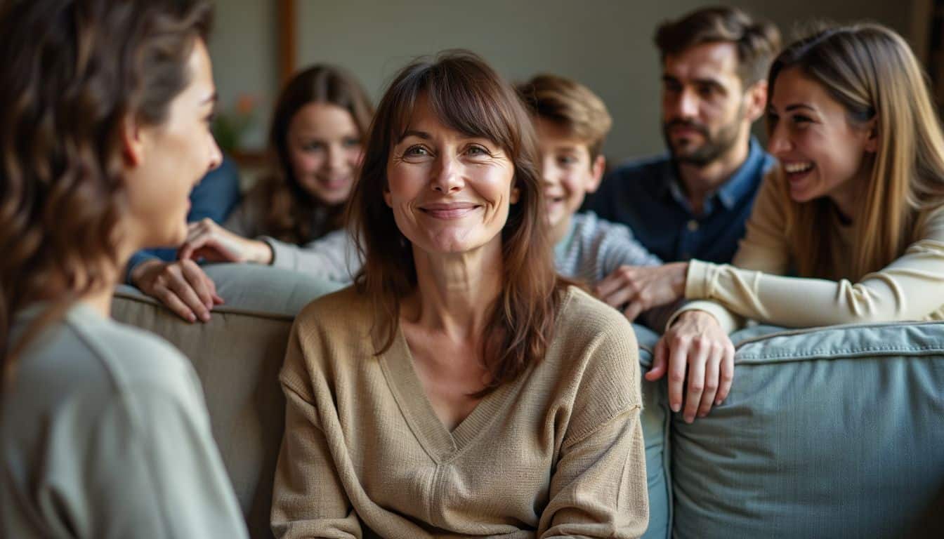 A woman in her mid-30s sitting on a worn-out couch surrounded by family and friends in a warm and supportive atmosphere.