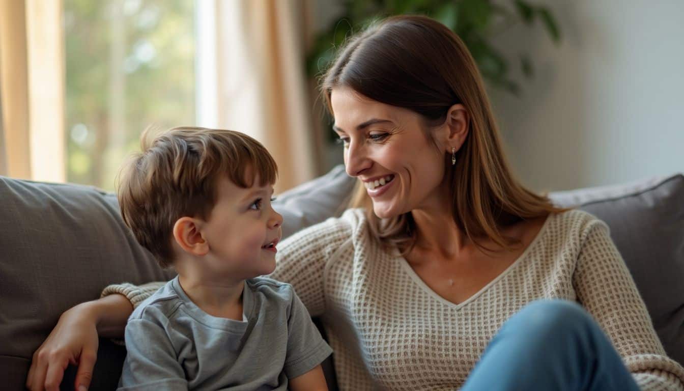 A parent and child have a calm conversation about making good choices.