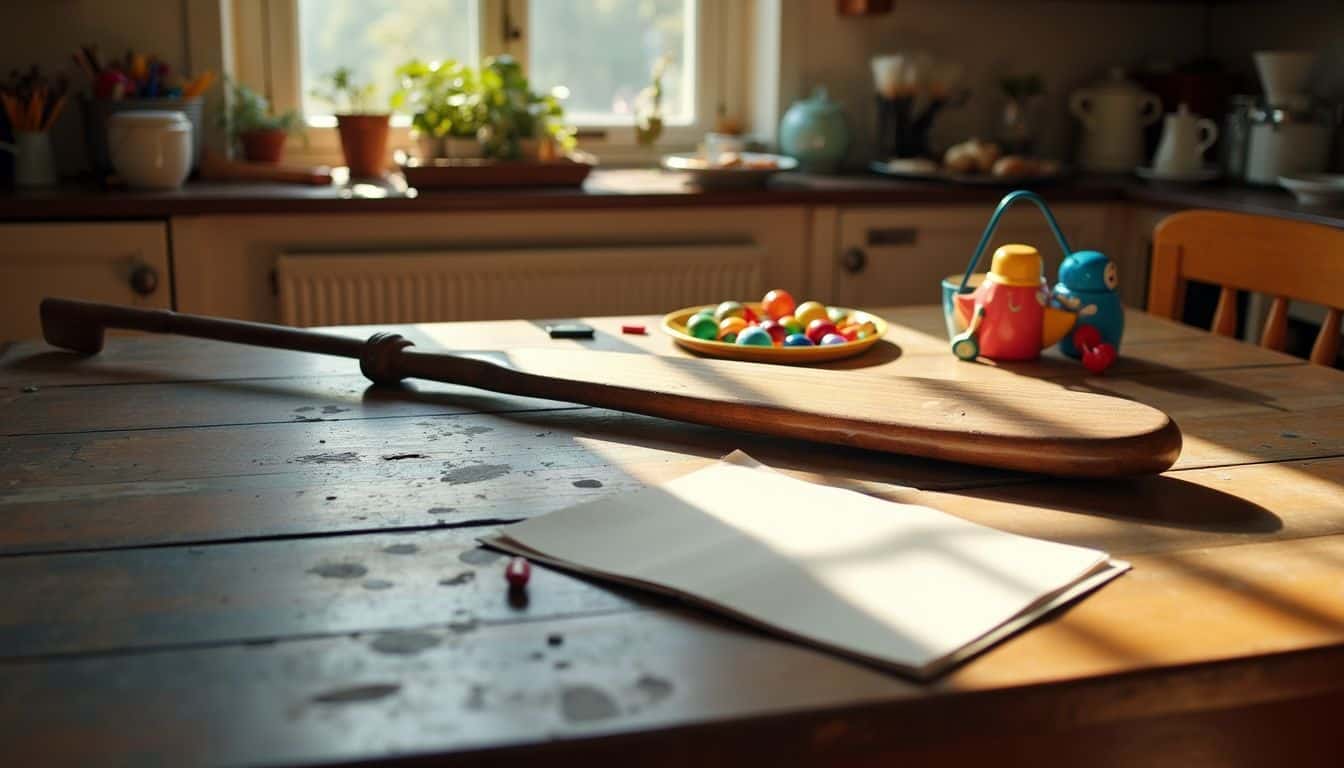 An old wooden paddle rests on a rustic kitchen table with scattered toys and a coloring book.