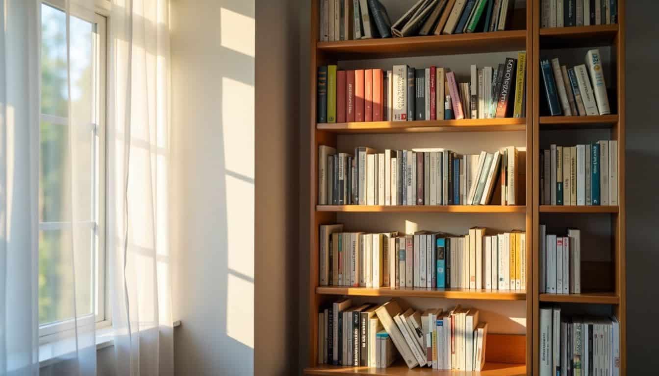 A bookshelf filled with research studies on parenting and child development.