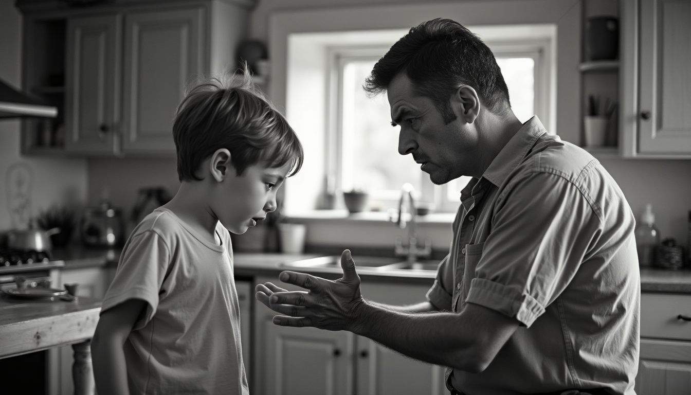 An adult disciplining a upset child in a vintage kitchen setting.