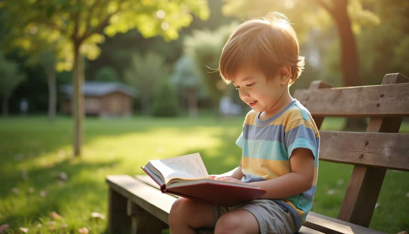 A young child peacefully reading a book in a garden.