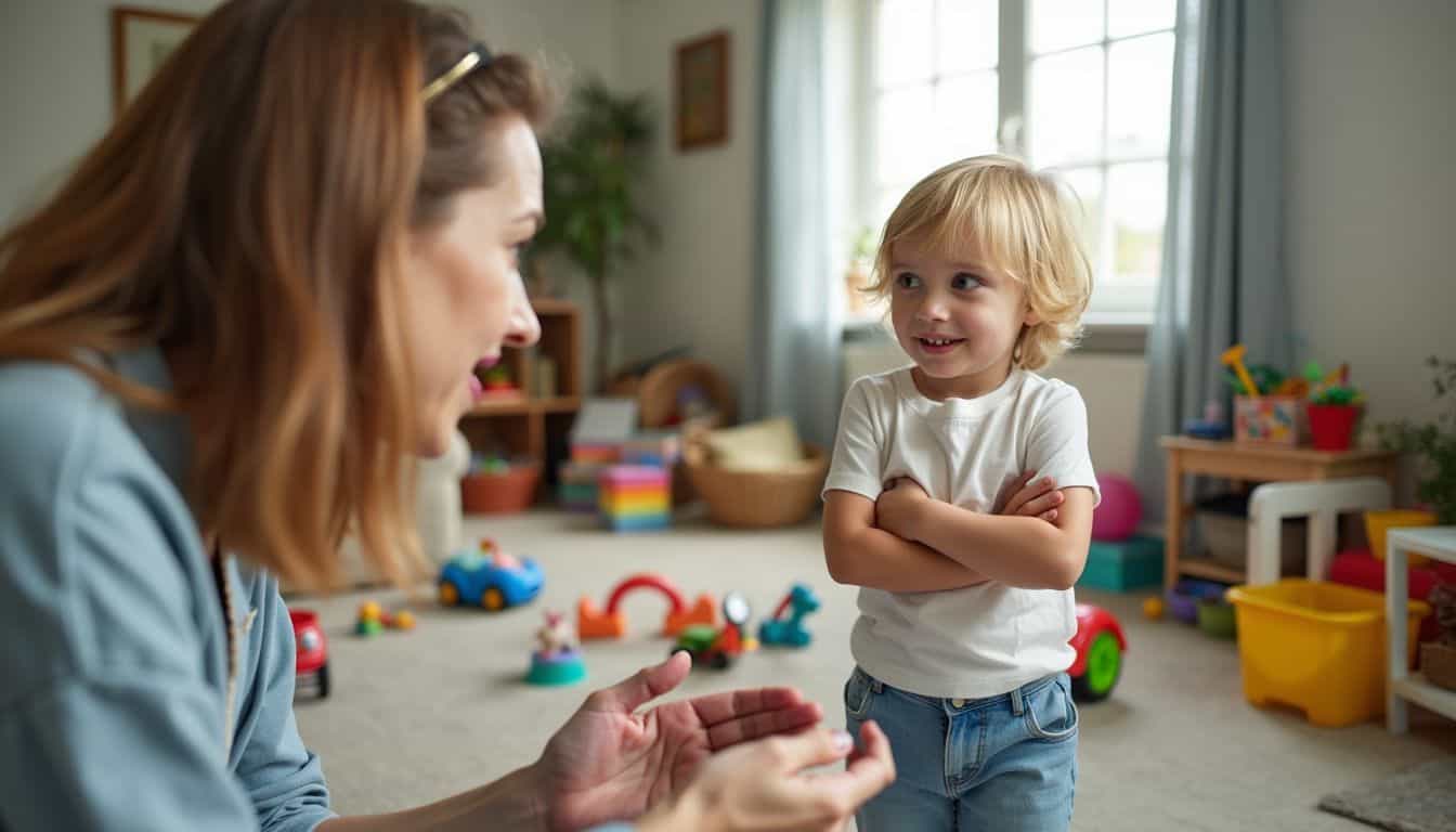 A parent calmly explains a chore system to their young child.