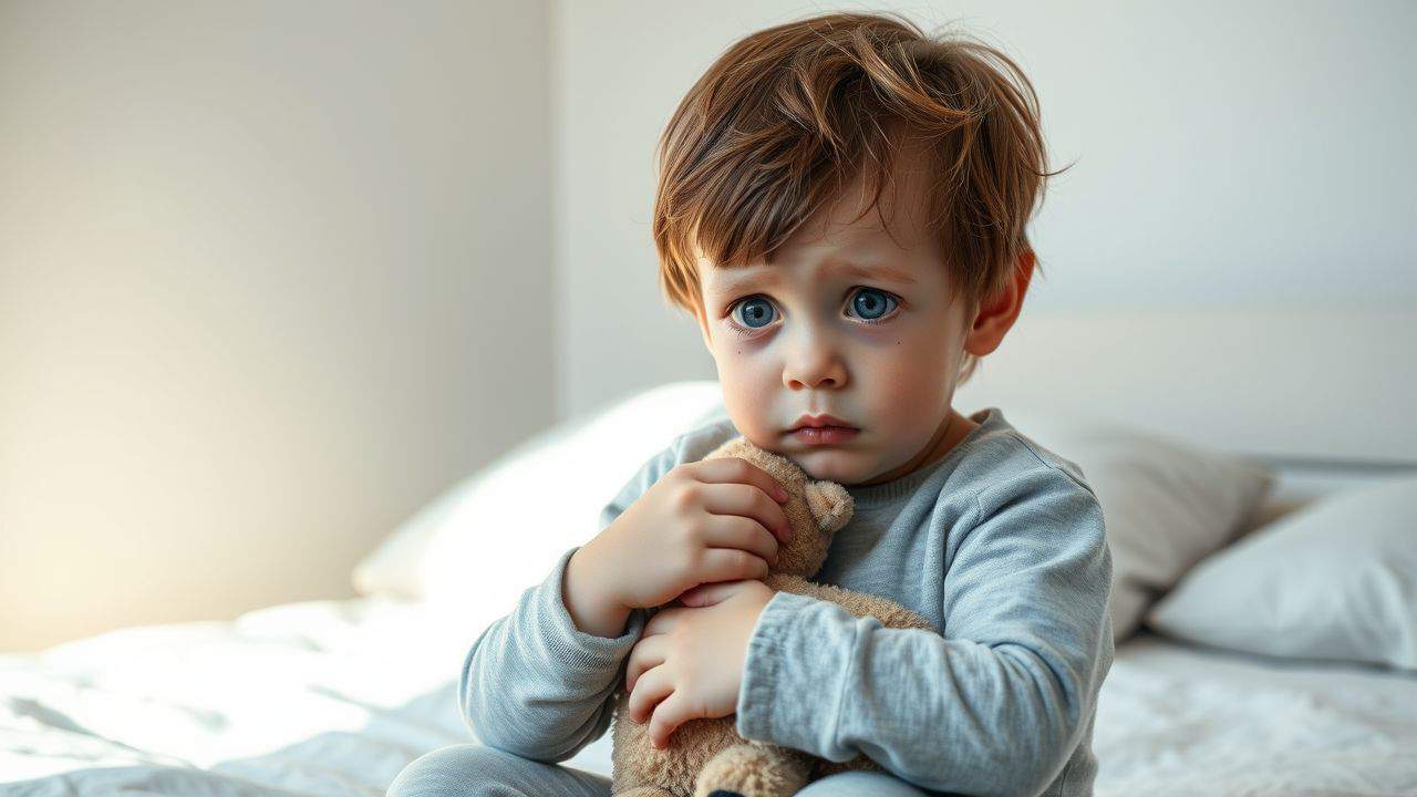 A distressed child sits alone on a bed, seeking comfort.