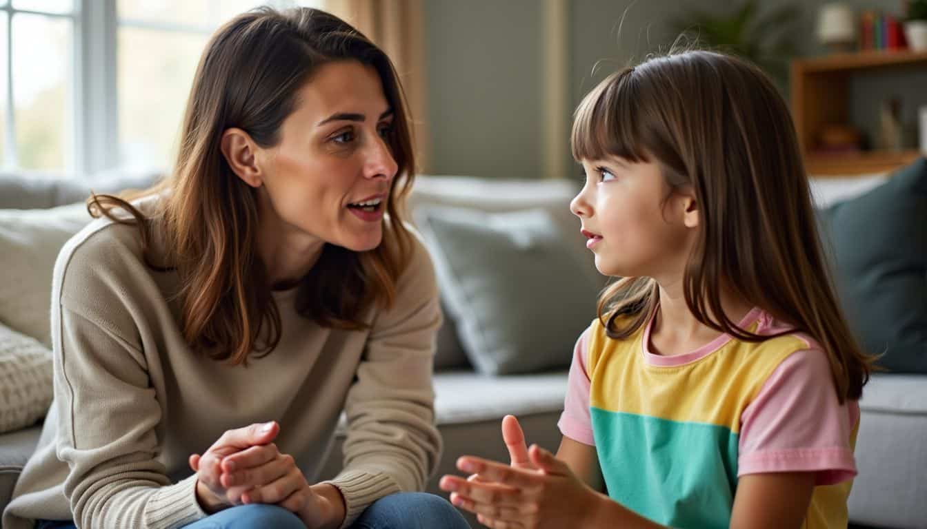 A mother and daughter engage in conversation in their cozy living room.