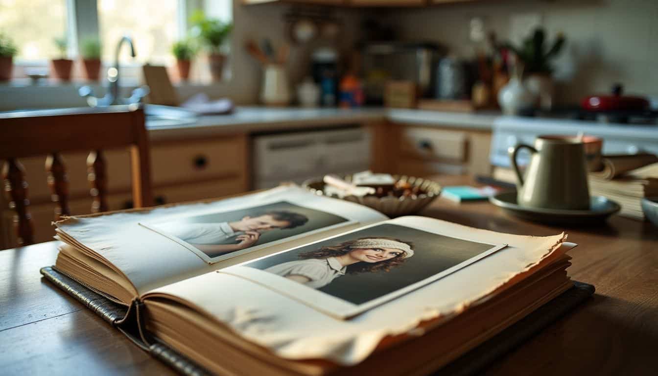 An old family photo album sits on a cluttered kitchen table.