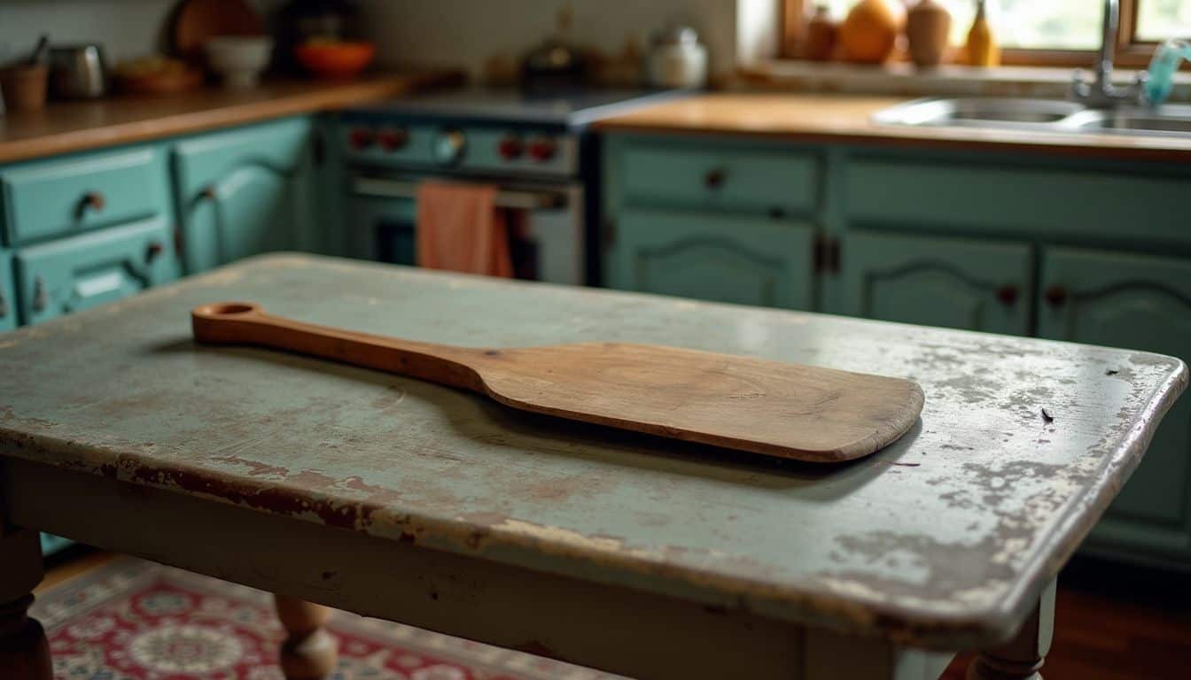 An old wooden paddle rests on a worn kitchen table in a cozy, lived-in kitchen.