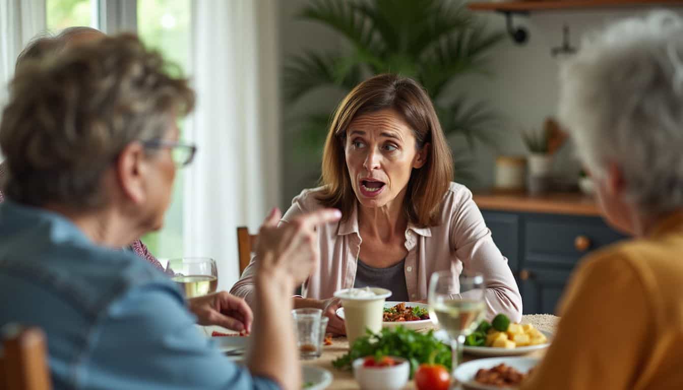 A woman expresses frustration towards an older woman during a family dinner gathering.