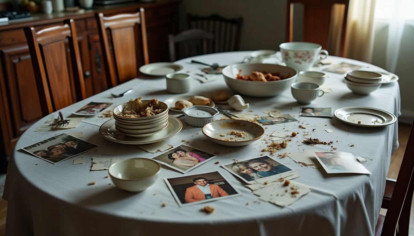 A messy dining table with scattered dishes and torn family photos portrays neglect and loneliness.