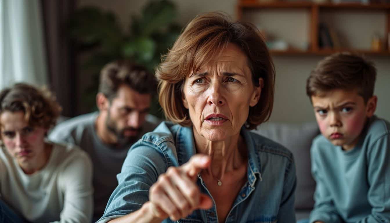 A middle-aged woman expresses disagreement and frustration during a family gathering.