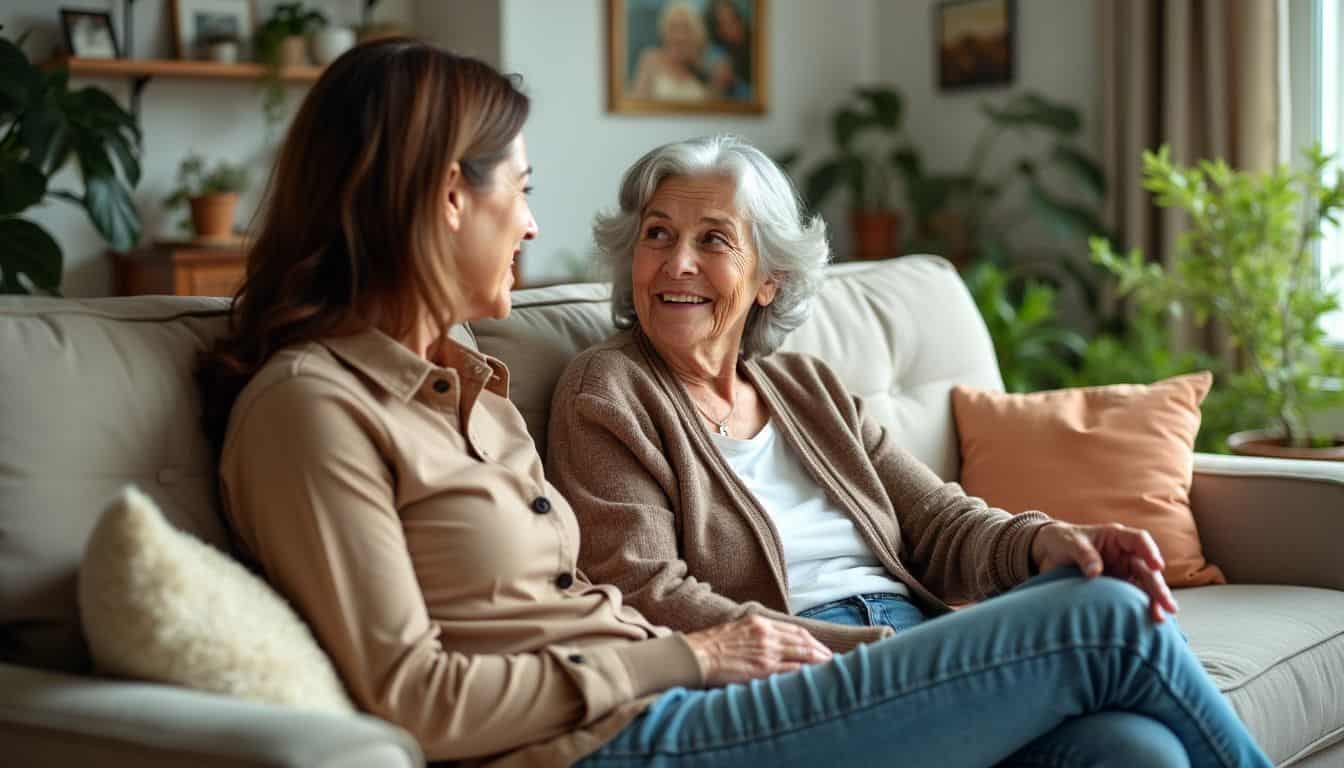 An elderly woman and her daughter-in-law are sitting on a cozy sofa, smiling and engaged in conversation in a bright, homey living room.