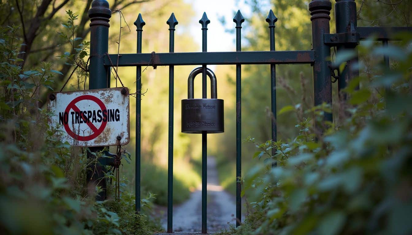 The photo shows a closed gate with a padlock and overgrown weeds, along with a 'No Trespassing' sign.