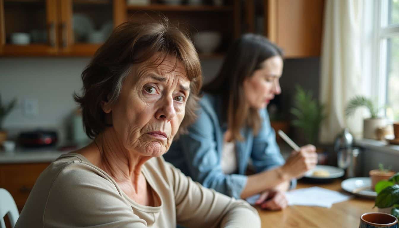 A middle-aged woman with a tired expression sits at a kitchen table while her daughter-in-law appears to be arguing with her.