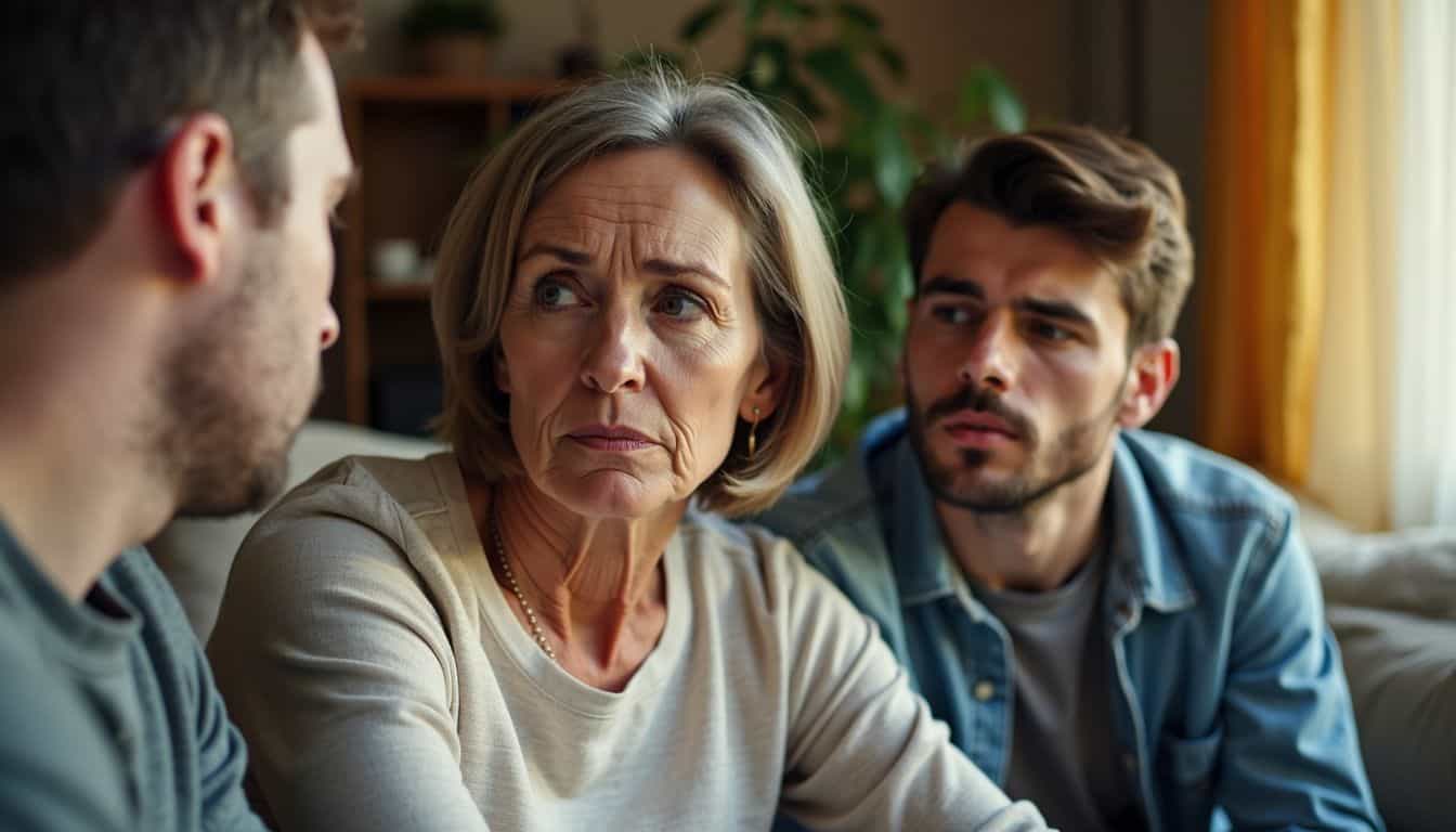 A middle-aged woman engages in a serious conversation with her son and husband in a cozy living room.