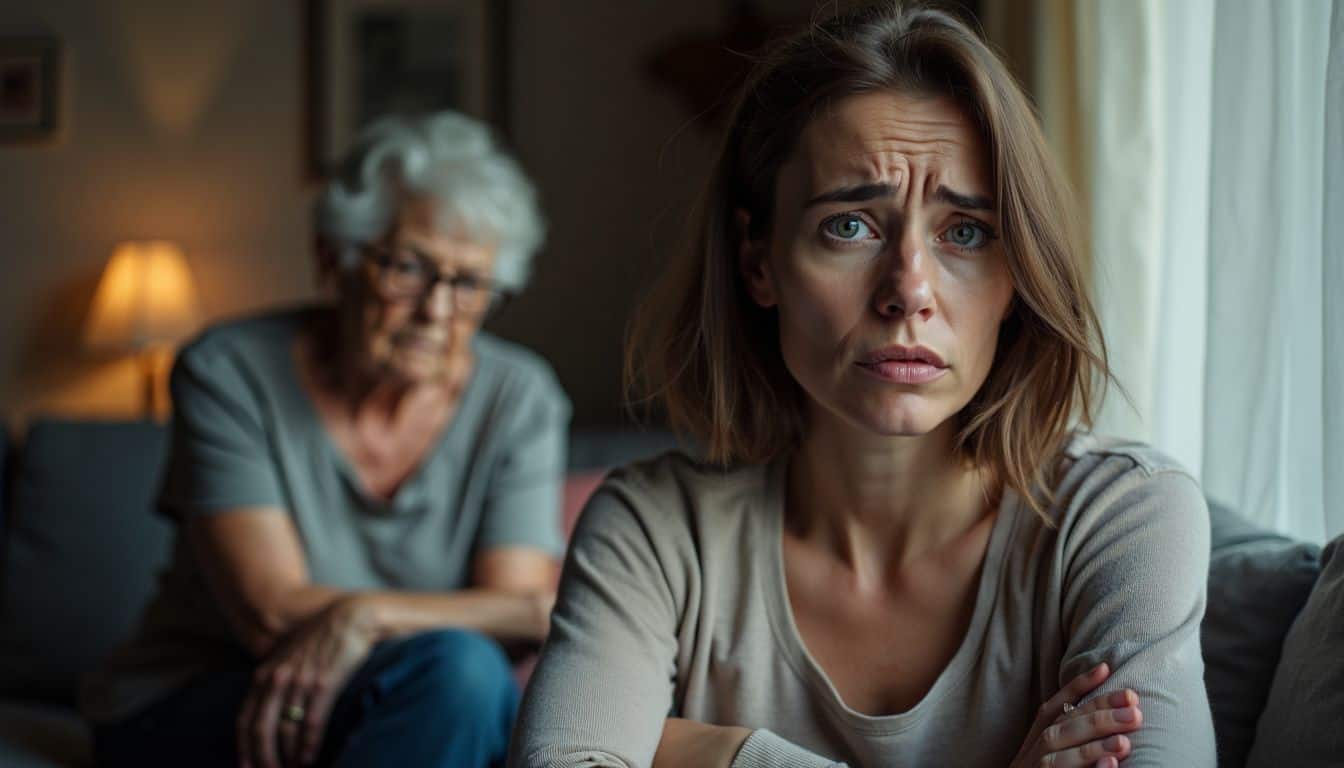 A woman and her mother-in-law sit in a tense living room, showing discomfort and emotional distance.