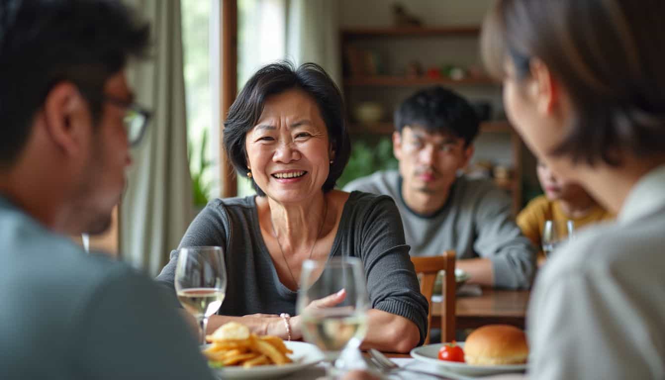 A middle-aged woman at a dining table shows a range of emotions while family members appear tense.