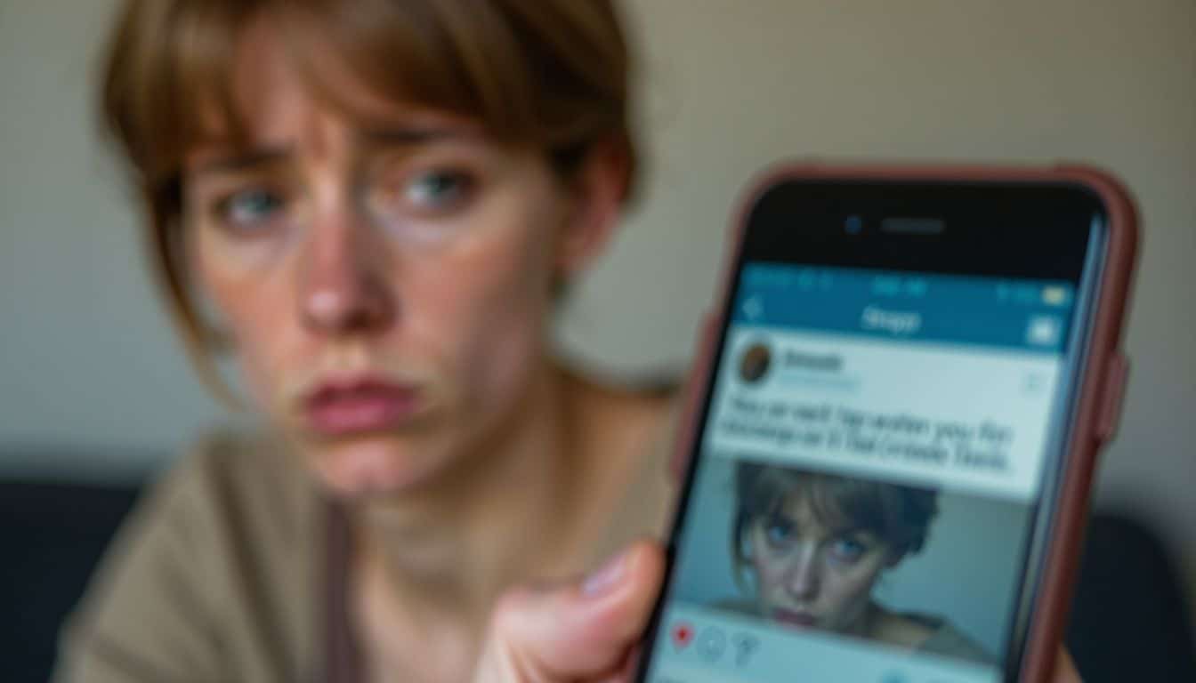 A distressed individual looks at a blurred negative social media post on a smartphone screen.