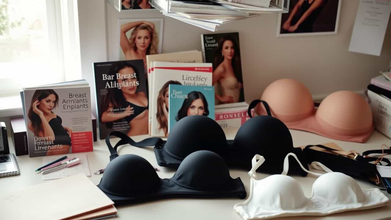 A cluttered desk with brochures about breast implants and bra sizes.