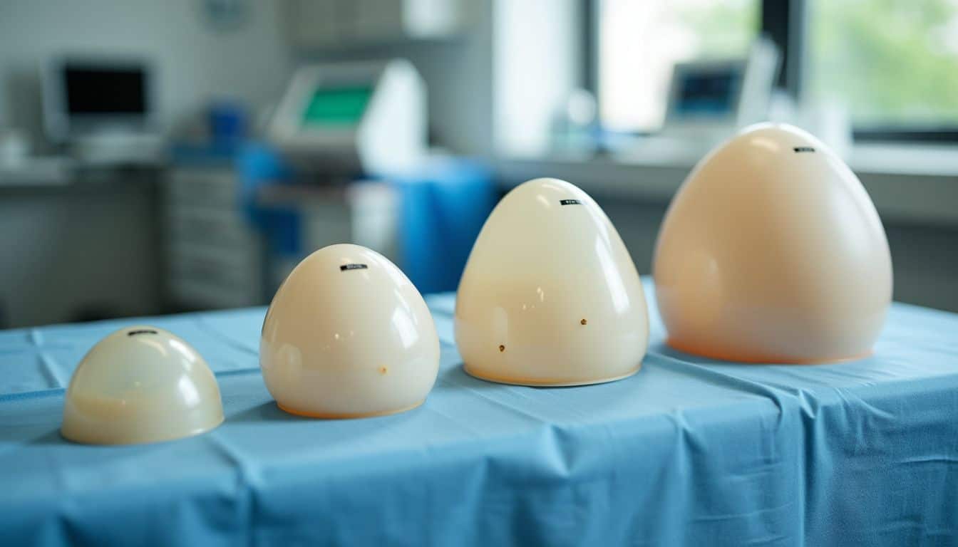 Breast implants of various sizes on surgical table for augmentation.