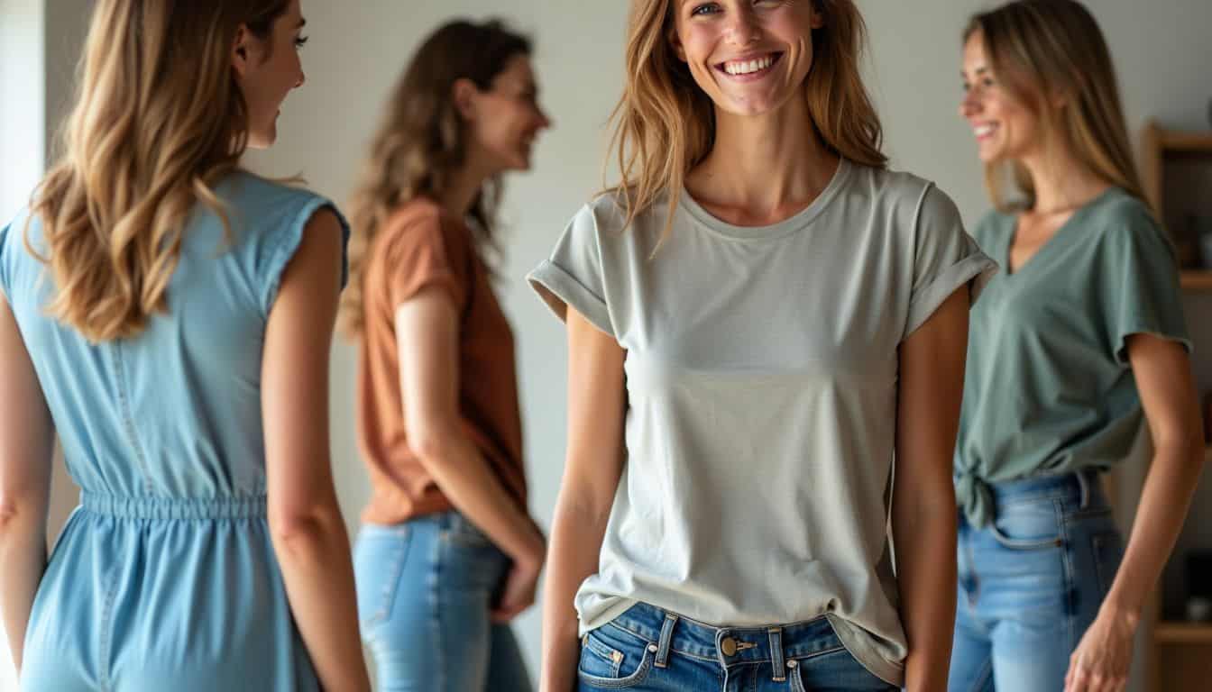 A woman in her mid-30s confidently wears a variety of outfits.