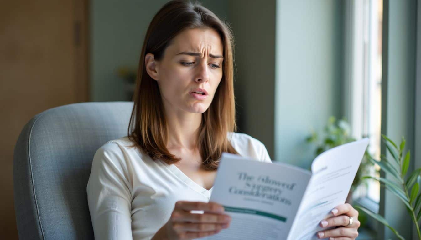 A woman in her mid-30s sits in a doctor's office, reading about breast surgery.