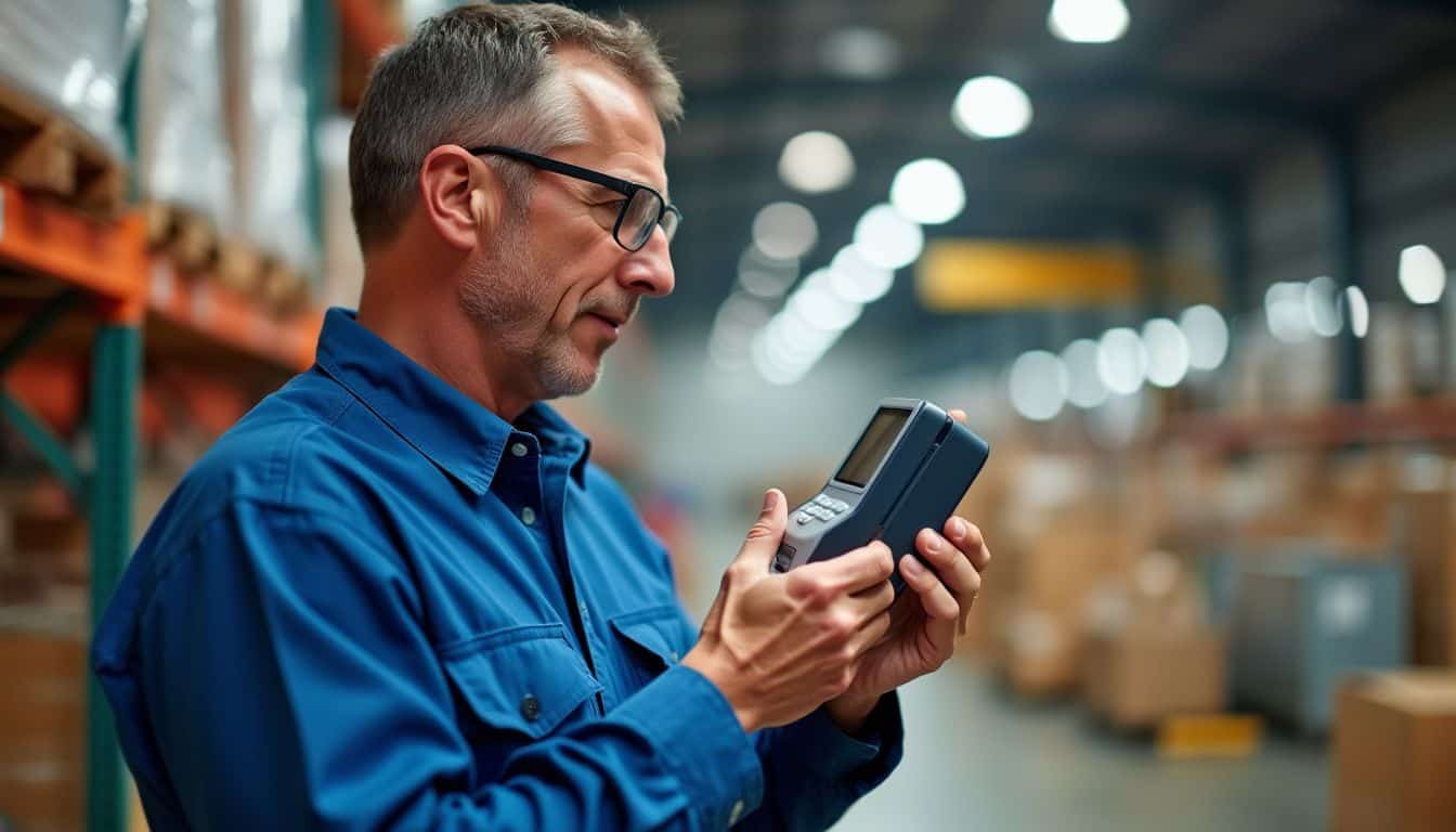 A middle-aged warehouse worker preparing for an alcohol test at work.