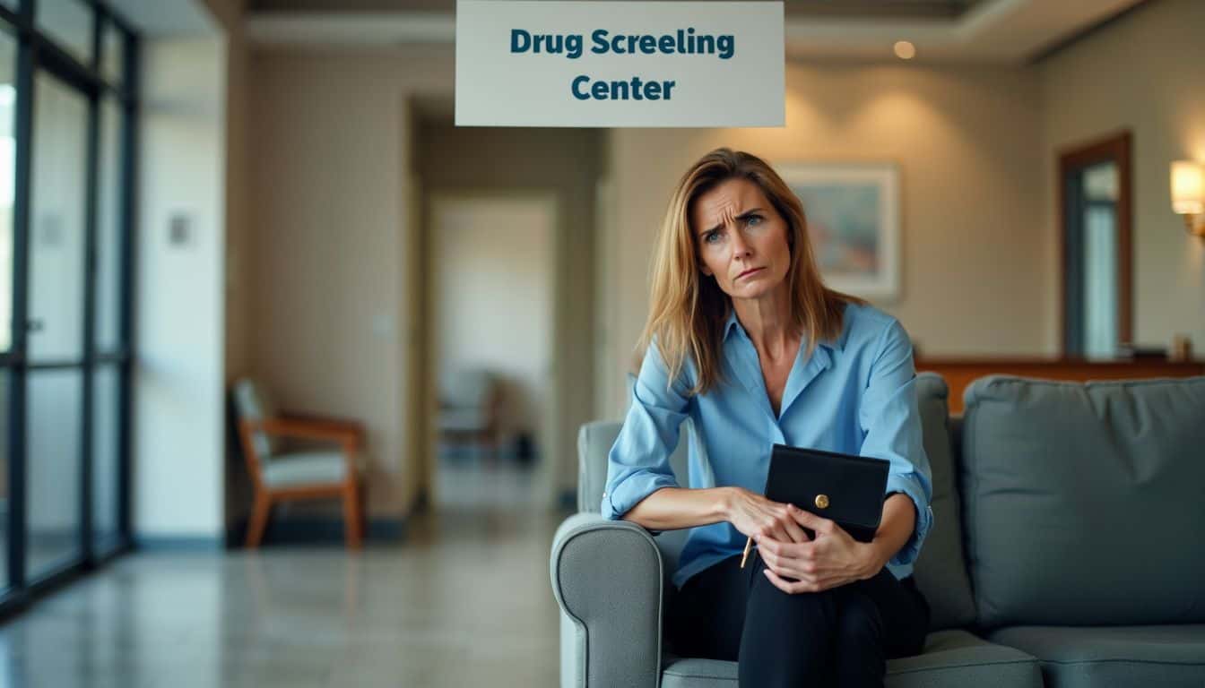 A woman nervously waits in a drug screening center lobby.