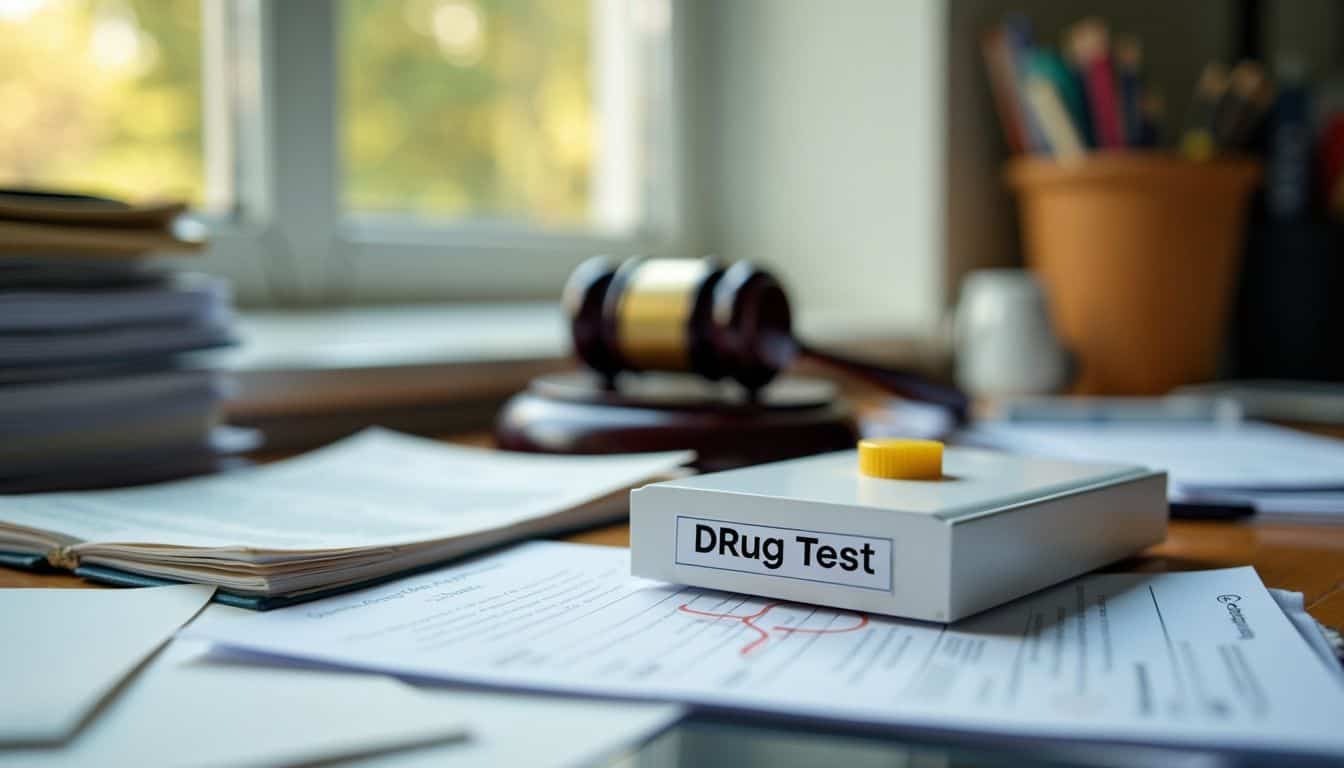 A workplace drug testing kit on a cluttered desk with legal documents.